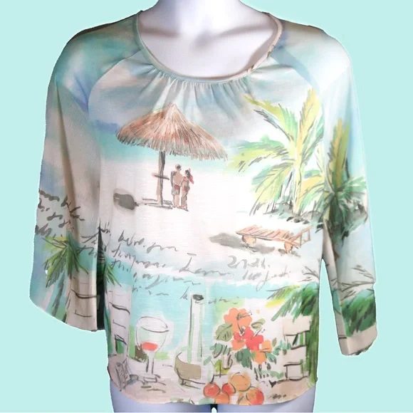 Chicoâs Tropical Beach Scene Sheer Blouse (Size 3 / XL) - Picture 4 of 12